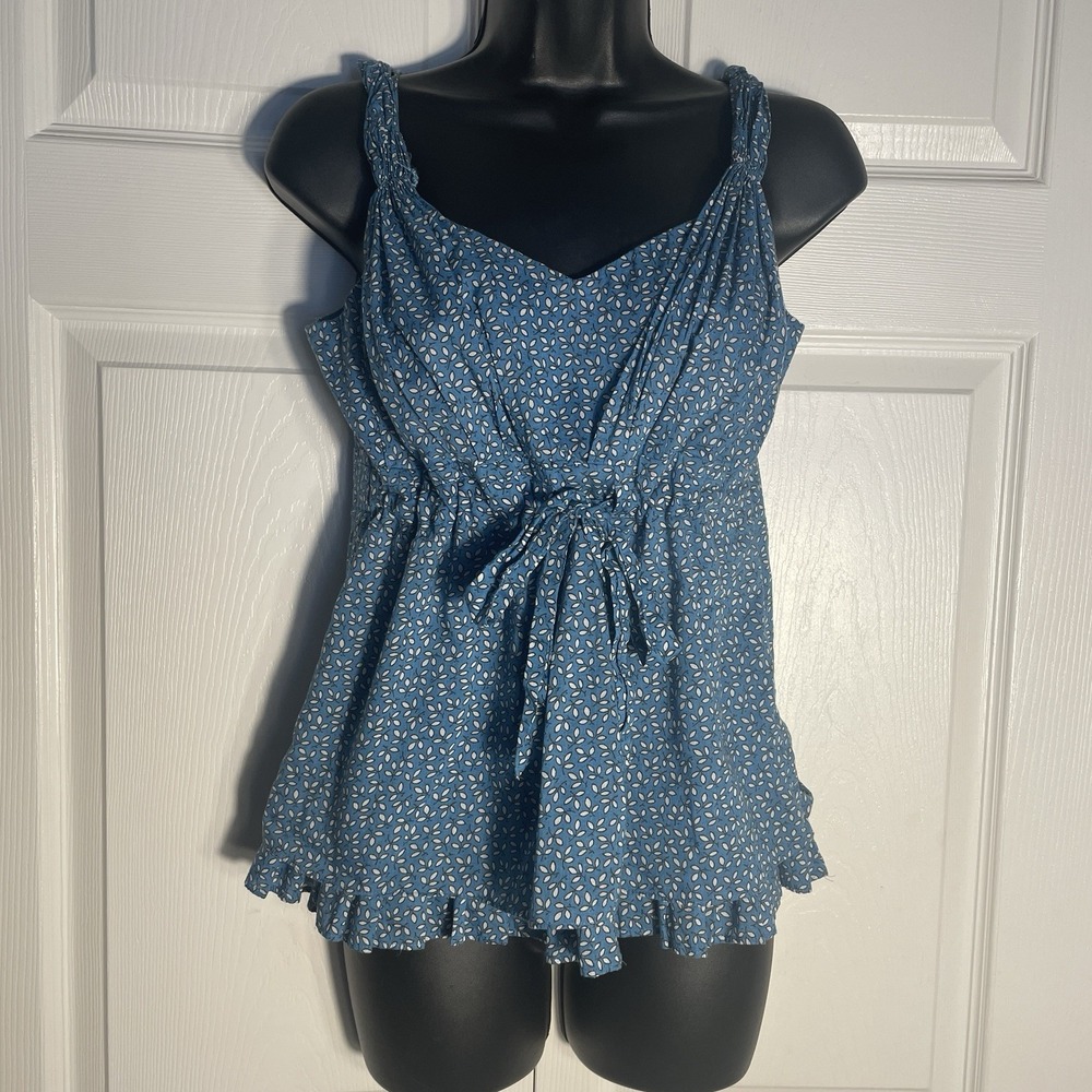 Vintage Ann Taylor‎ Babydoll Top Petite 8 Blue Y2K Floral Sleeveless Drawstring